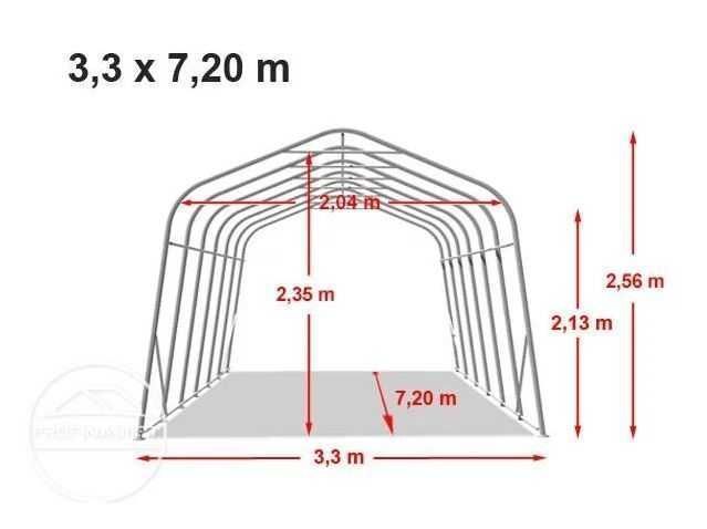 3,3x7,2m Namiot garażowy - 2m brama PVC ciemnozielony z statyką