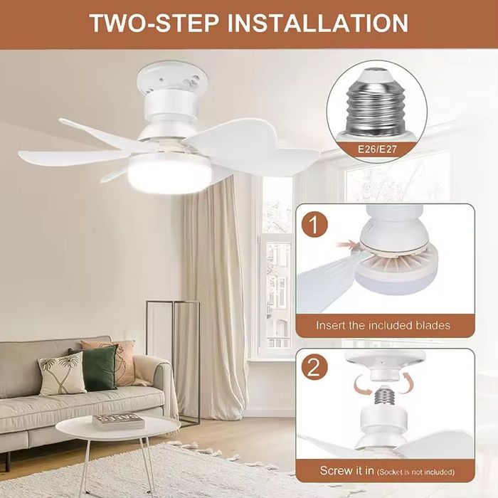 Ventoinha de Teto com Luz LED e Comando + Base universal E27