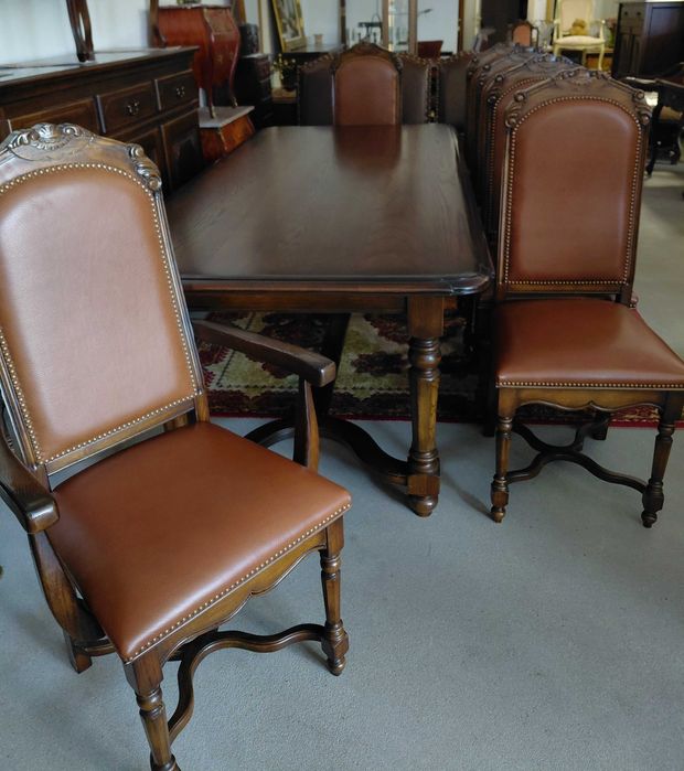 Elegancki dębowy komplet stół + 6 krzeseł skórzana tapicerka