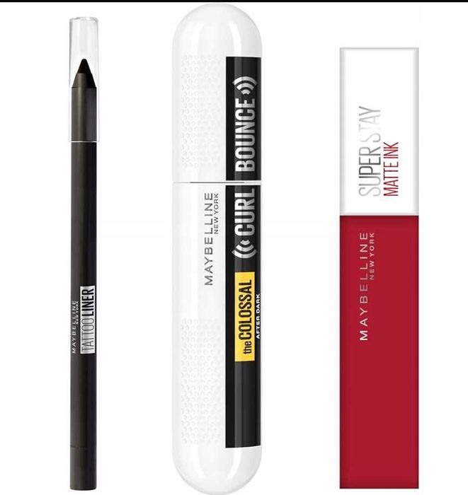 Zestaw Maybelline New York tusz, kredka do oczu i szminka czerwona