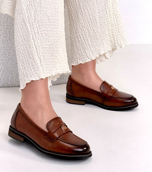 Brązowe Skórzane Mokasyny Z Ozdobą Cambell