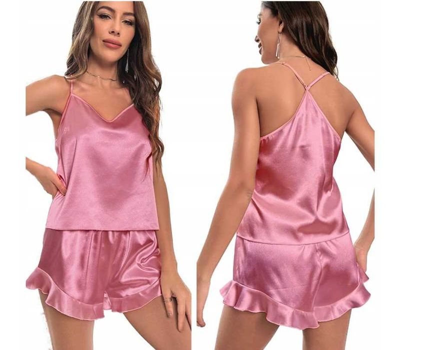Piżama satynowa damska różowa spodenki top dwuczęściowa