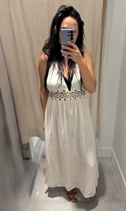 kremowa sukienka midi Zara S 36 M38 halter odkryte plecy koraliki