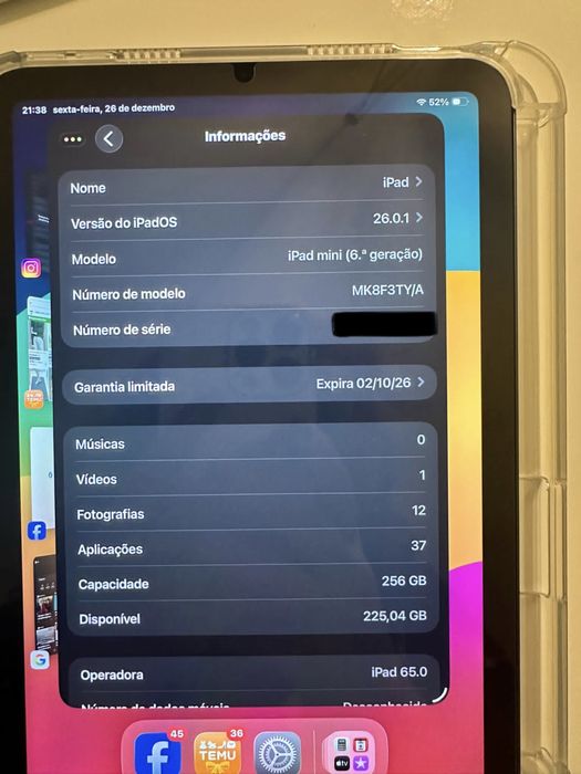 iPad Mini 6a geração 256Gb Wi-fi + cellullar