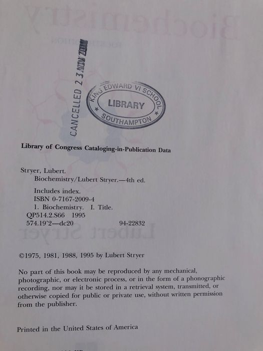 Biochemistry Lubert Stryer język angielski King Edward VI Schol