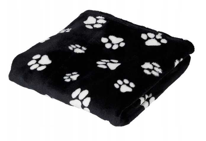 Koc KOCYK pled mata z polaru dla psa kota CZARNY wzór W ŁAPKI 70x100cm