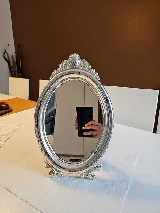 Espelho com pé, antigo, prateado