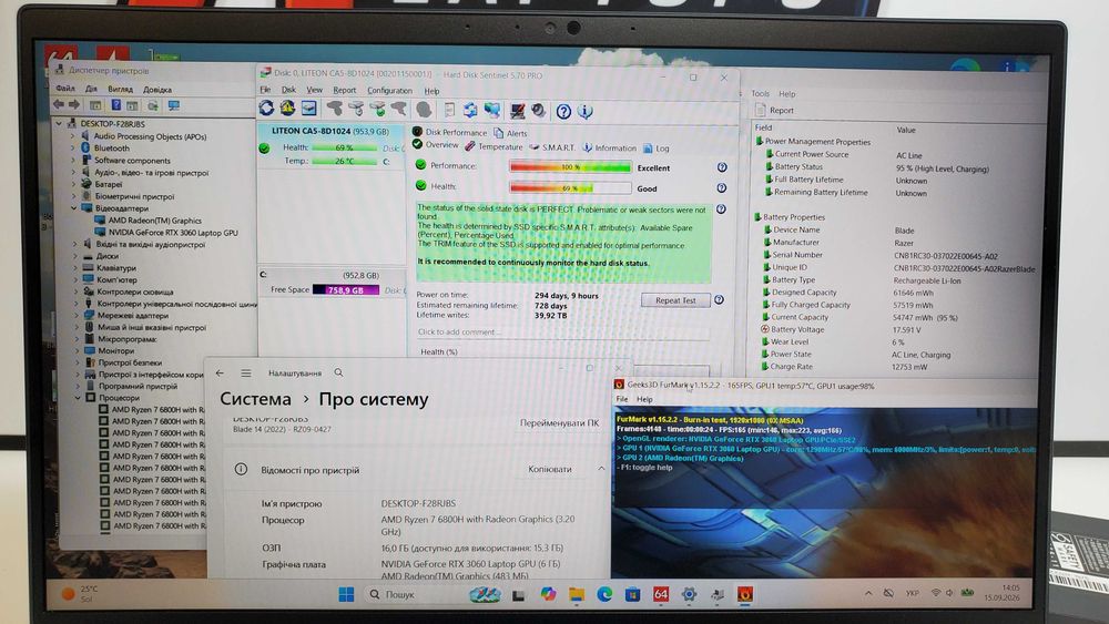 Ігровий ноутбук Razer Blade 14 з гарантією до 6 міс!* (FHD 165Hz, Ryzen 9 6900H, RTX 3070 8Gb, 16Gb, 1Tb)