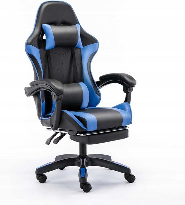 NOWY Fotel GAMINGOWY Biurowy Ekoskóra Obrotowy Niebieski z PODNÓŻKIEM