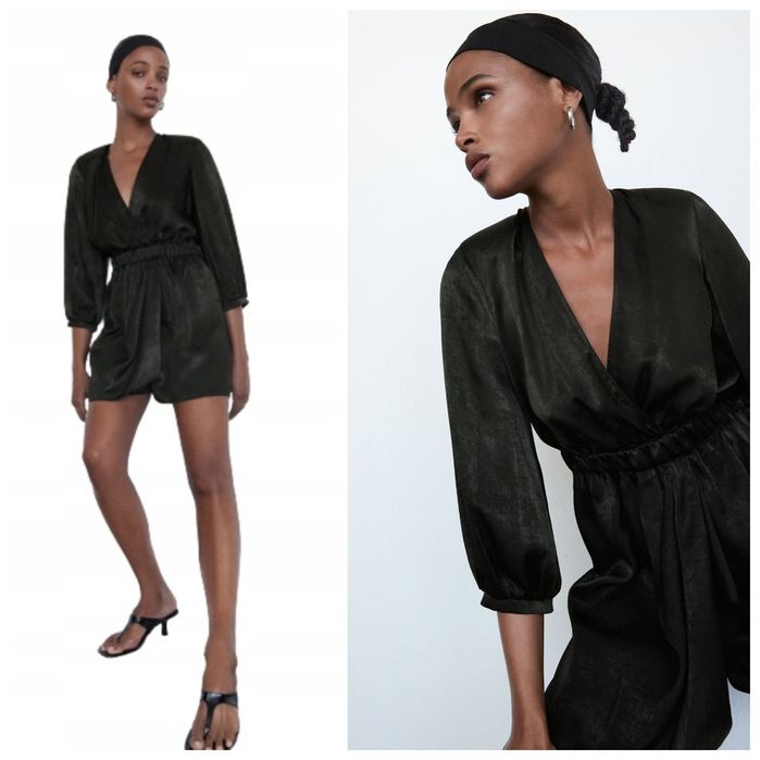 ZARA XS czarny elegancki satynowy kombinezon