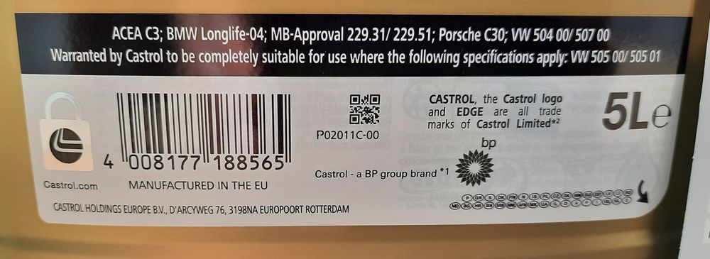 Olej Castrol EDGE 5W-30 LL 6L (5L+1L) + zawieszka serwisowa Castrol PL