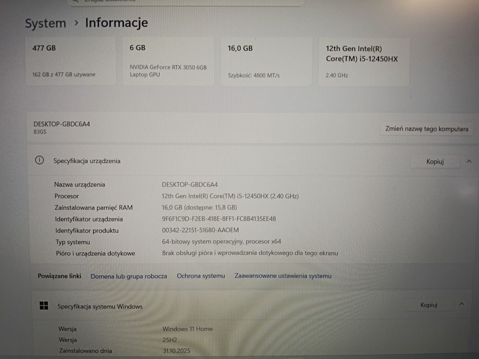 Lenovo LOQ, Intel I5-12450HX, 512GB, GeForceRTX3050 6GB,RAM 16GB,WIN11