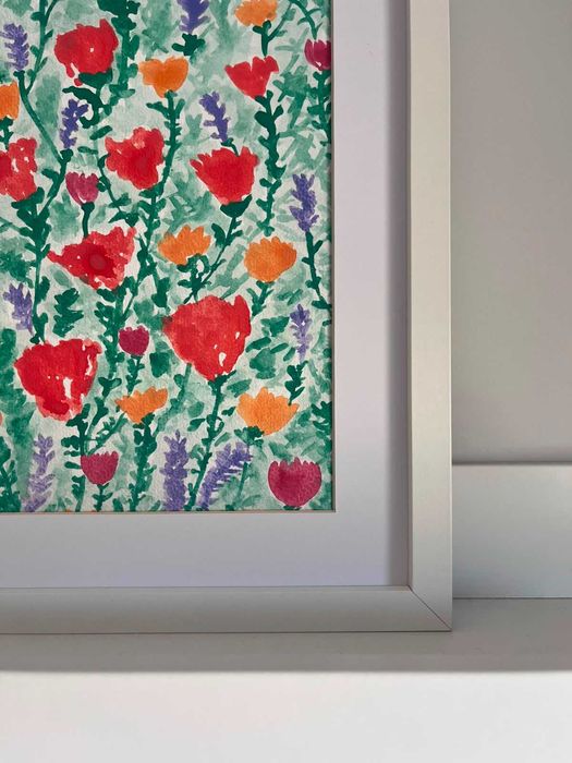 Quadro - Pintura abstrata (floral) em aguarela com moldura