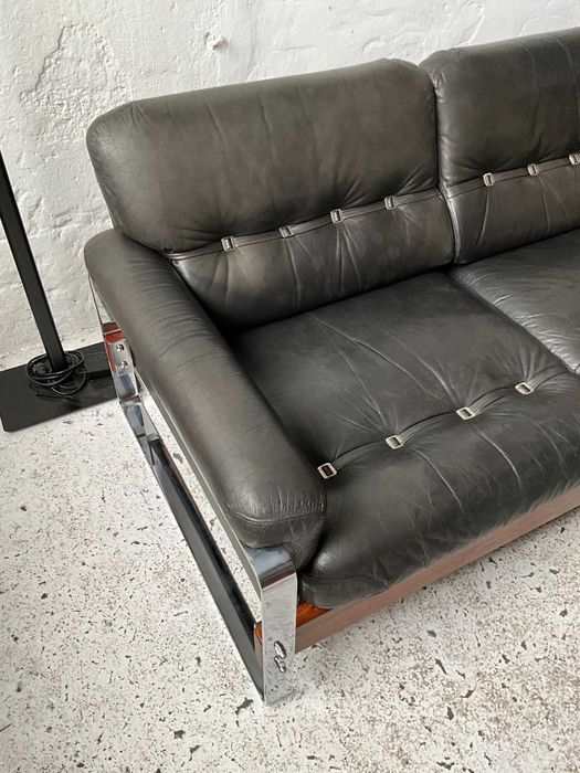Sofa mid century skóra palisander chrom lata 60 70 vintage design