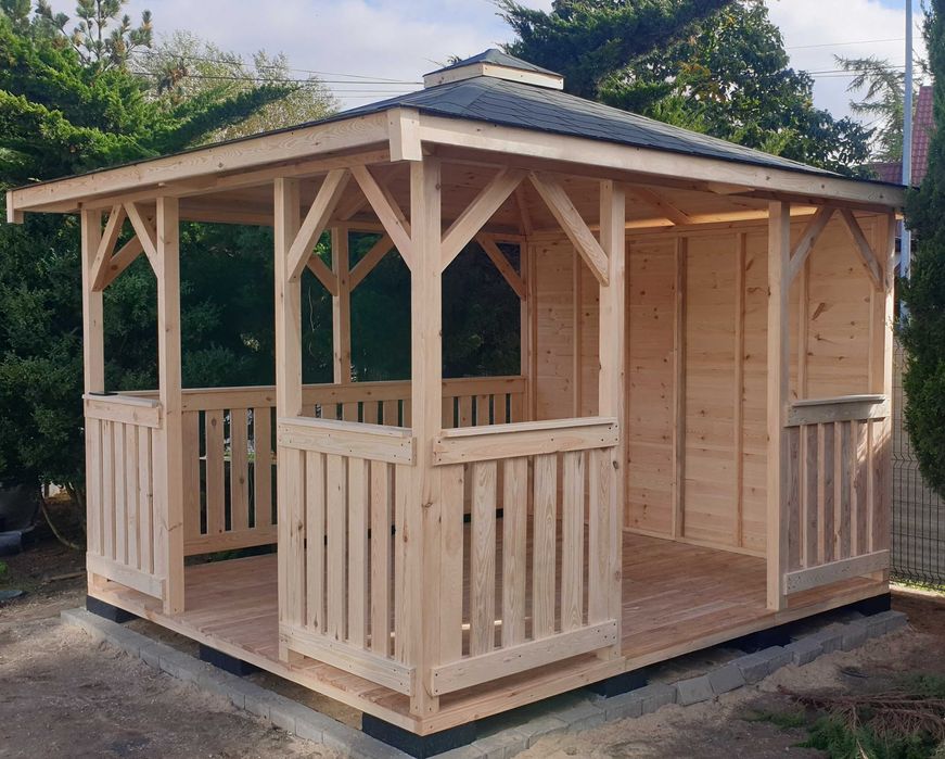 Altana drewniana 3x3 z zabudowanym bokiem Altanka ogrodowa Taras Wiata