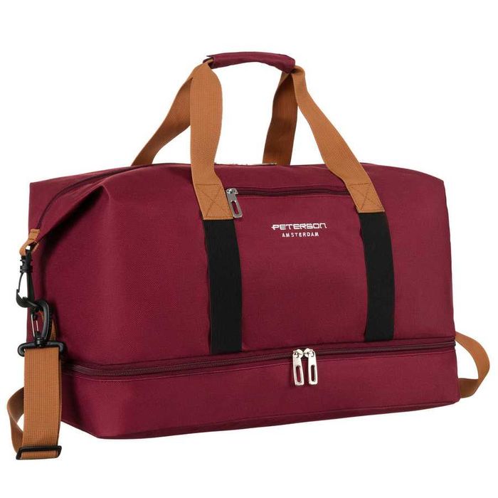 Torba Podróżna PETERSON Dwukomorowa SPORTOWA z Paskiem naRamię BURGUND