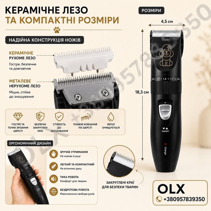 Машинка для стрижки тварин Pet Hair Trimmer! Тиха робота, керамічне лезо, 4 насадки, USB зарядка. Для собак, котів і кроликів.