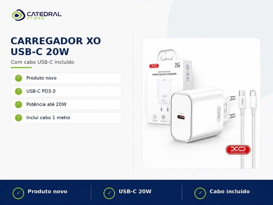 Carregador USB-C 20W XO com Cabo 1m – PD3.0 – Branco – Novo