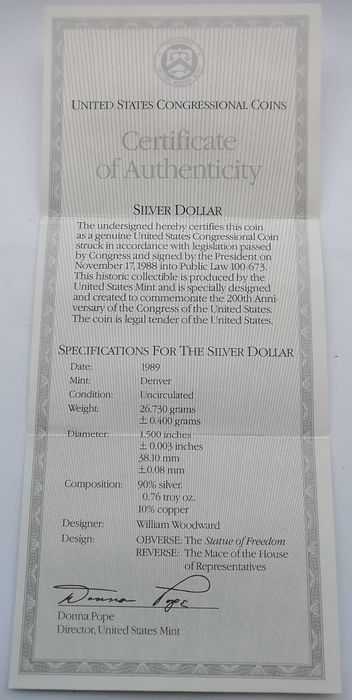 США 1 долар 1989р. (D). СРІБЛО. 200 років Конгресу. Денвер. Сертифікат
