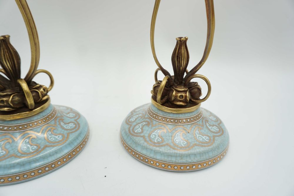 PARA świeczników bękitne porcelana z brązem