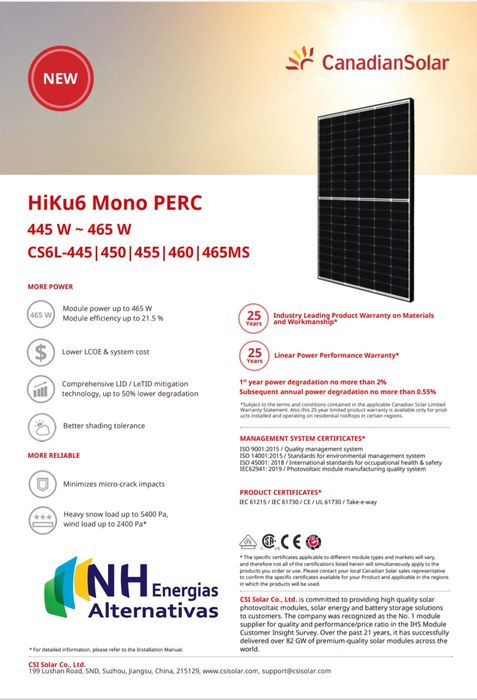 Canadian Solar 460W 455W Painel Fotovoltaico Mono Monocristalino Half