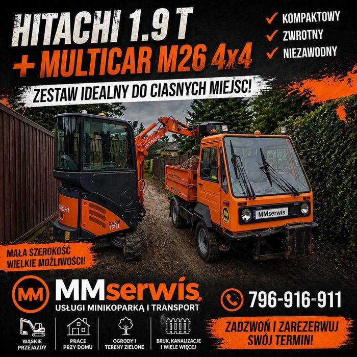 Minikoparka kopanie uslugi kopania+ wywrotka mala 4x4