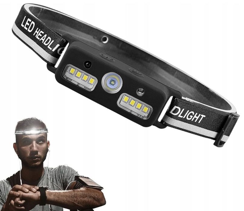 latarka czołowa led z czujnikiem ruchu czarna czołówka turystyczna