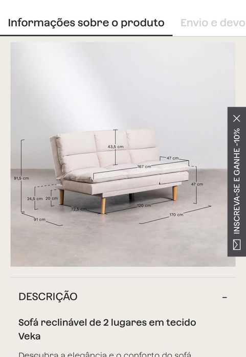 Sofá cama/chaise longue da Sklum, modelo Veka cor creme, em bom estado