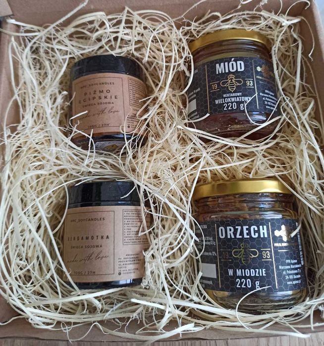 Zestaw Prezentowy Świece Sojowe 2x 120ml + 2x Miód 220g