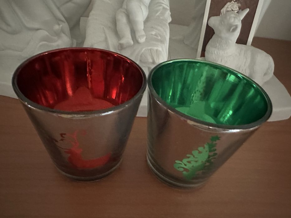 Dois castiçais vidro prateado Árvore Natal e Rena com vela eletrónica