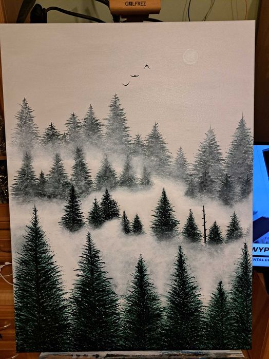 Obraz własnoręcznie malowany, las we mgle