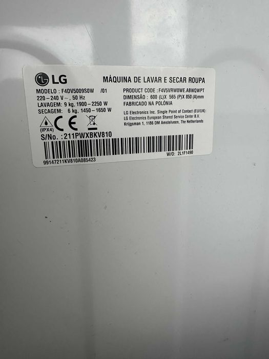 Máquina de Lavar e Secar Roupa LG 9kg/6kg 2023 Excelente Estado
