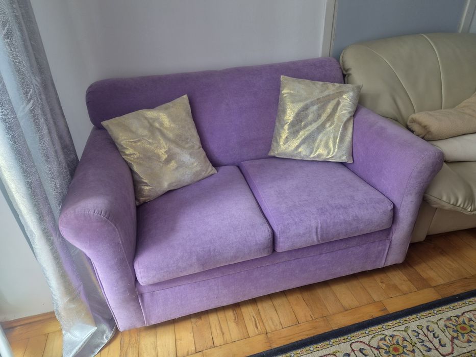 Sofa  PRL " amerykanka",nowa tapicerka, rozkładana, liliowa!