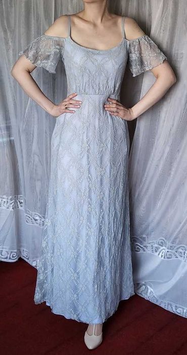 Nelly NLY EVE suknia długa błękitna niebieska koronkowa 36 S 38 maksi