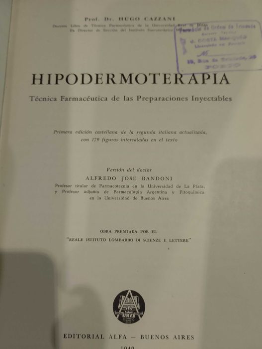 Hipodermoterapia 1949 Prof, Dr, Hugo Cazzani