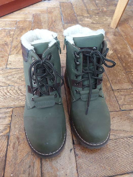 36/ 37 khaki trapery, botki z cholewka za kostkę, na zamek, ocieplane