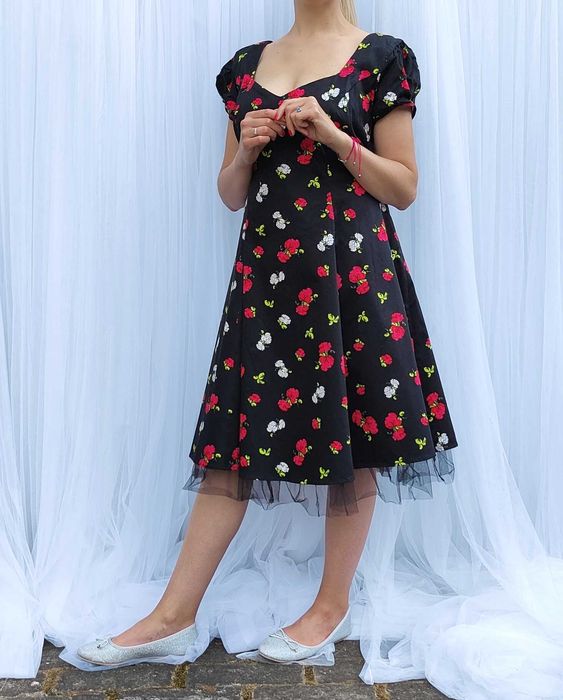 Sukienka Joe Browns midi 48 4XL plus size retro pin up czarna kwiaty