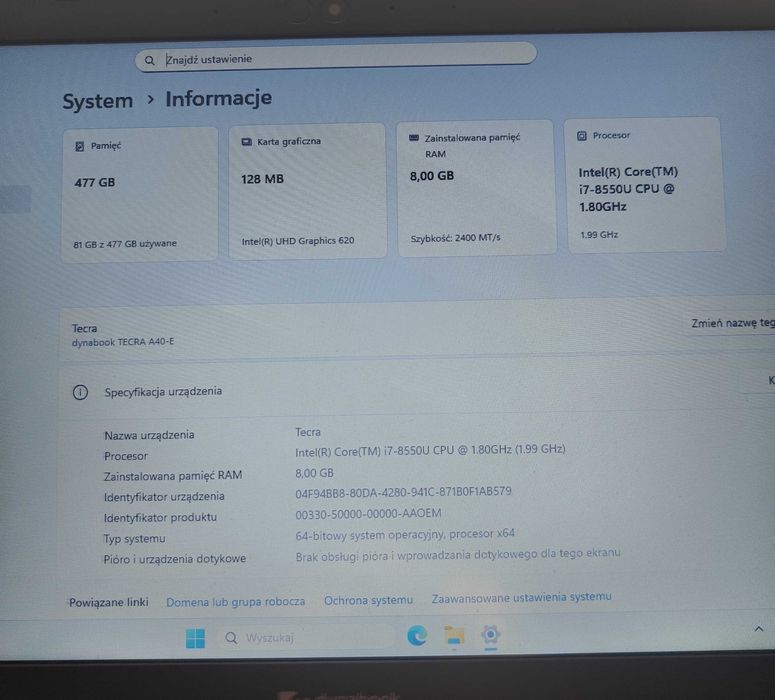 biznesowy laptop Tecra 14 cali