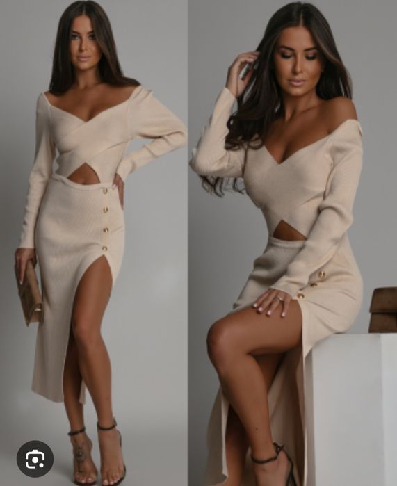 Sukienka midi odważna zimowa dzianinowa rozcięcie mbella s 36