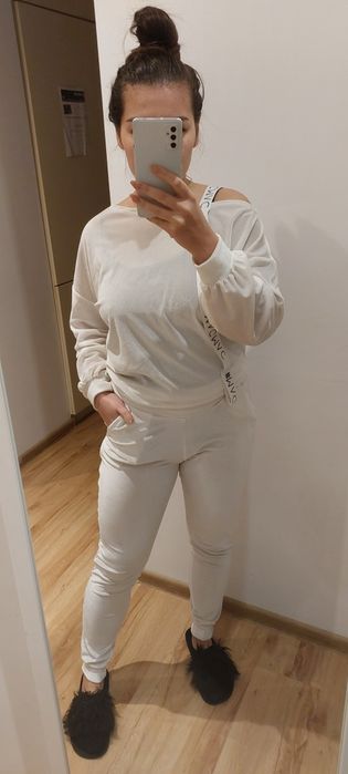 Perłowy dres komplet biały S magmac welur zestaw spodnie bluza