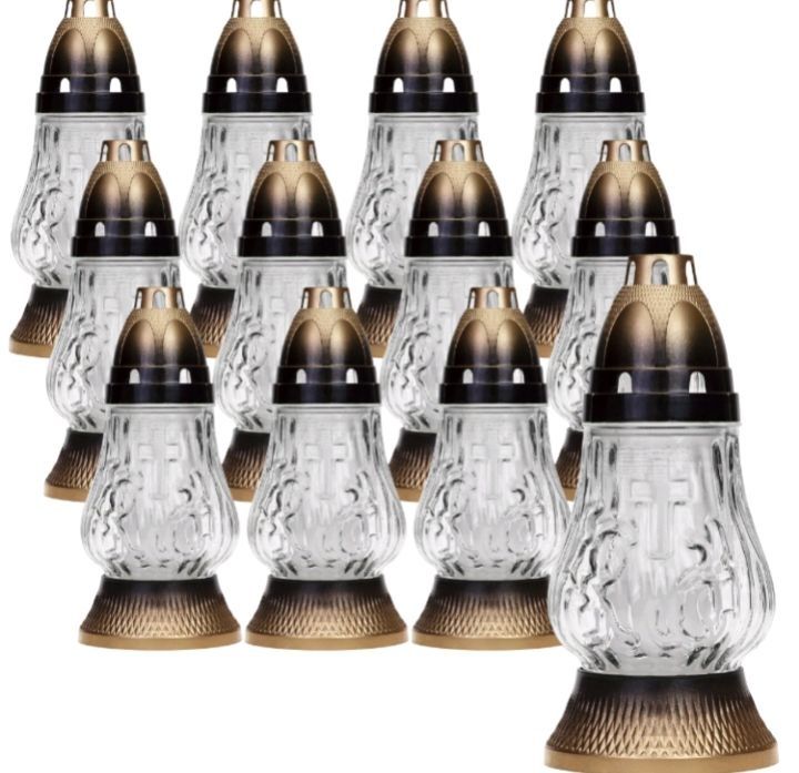 Zestaw 12 sztuk. Znicz szklany z wkładem wysokość  19 cm.