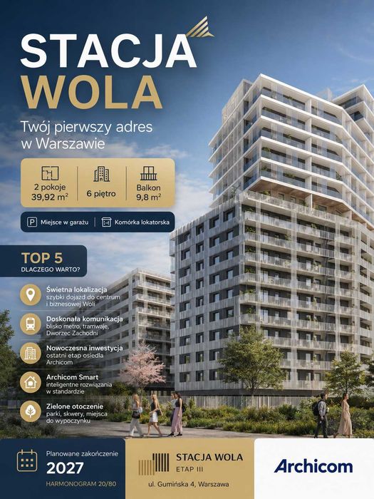 Nowe 2 pokoje blisko centrum | Stacja Wola | 6. piętro| Garaż | Komórka lokatorska
