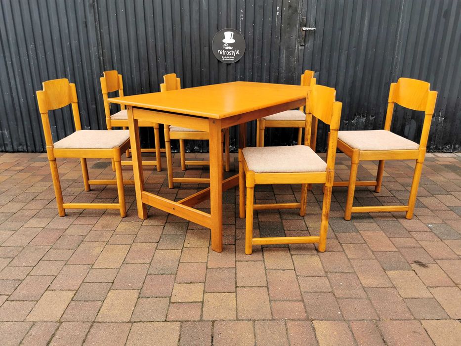 Stół + 6x krzesło- styl skandynawski, Czechosłowacja '70 Design, PRL