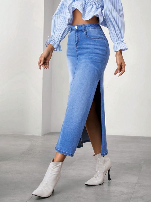 Spódnica Jeansowa Maxi Z Rozcięciami Niski Stan Casual Shein 28