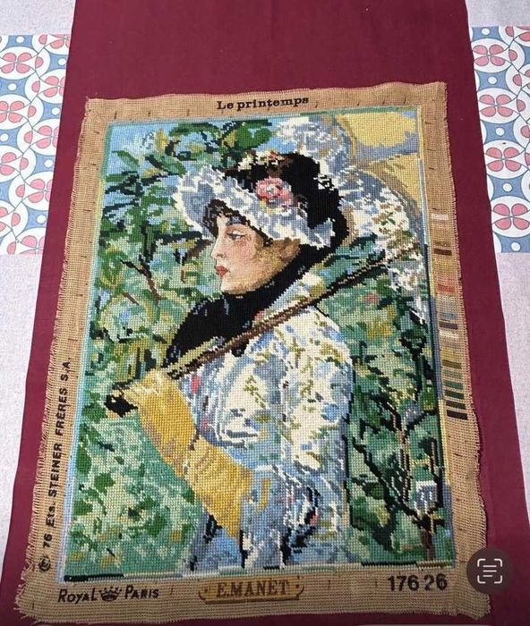 Tela bordada à mão. Reprodução da pintura de Édouard Manet-A Primavera