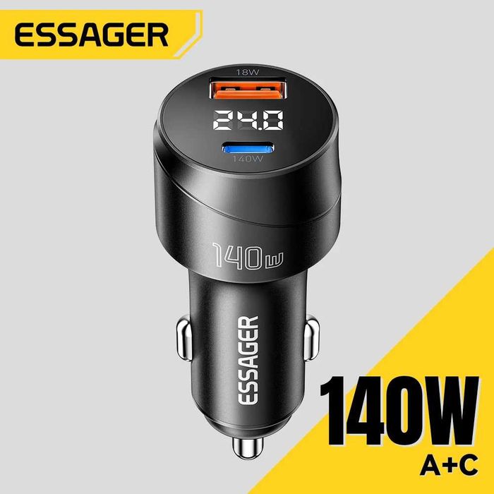Потужна Автозарядка з Металу! Essager 140W (Type-C + USB) LED Метал, Вольтметр. Автозарядка з Вольтметром