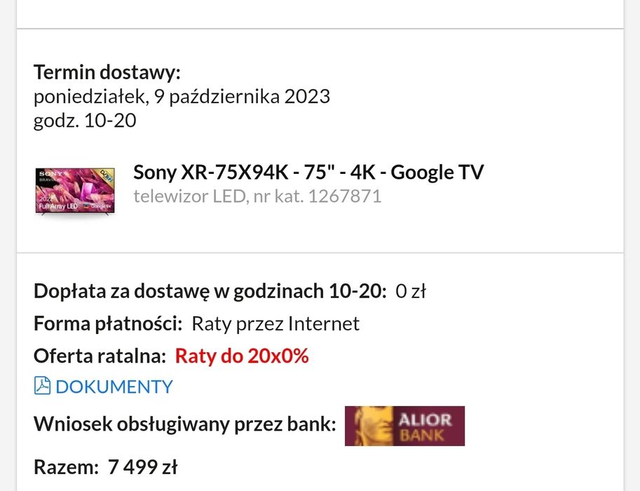 Sony BRAVIA XR-75X94K - 75" cali - STAN IDEALNY  !!!