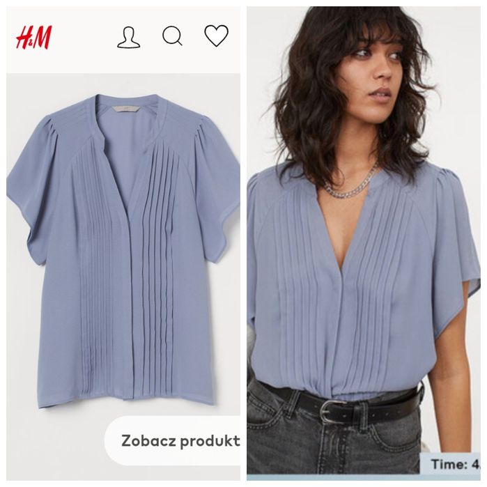 H&M XS-S Bluzka ze szczypankami Gołębi błękit
