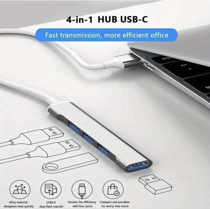 Перехідник, USB Hub 3.0 на 4 порти, 4in1, Юсб хаб Новий