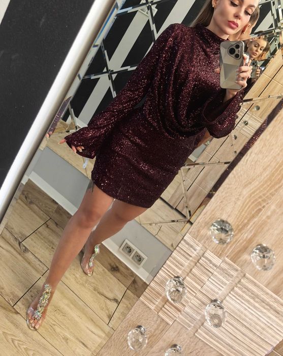 Asos piękna bordo cekinowa szerokie rękawy 38 M impreza wesele sylwester andrzejki